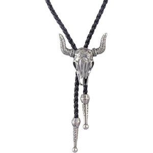 NATIVE American Bolo Tie Rodeo Cowboy Leather/ Cowboy Skull Bolo Tie-silver
